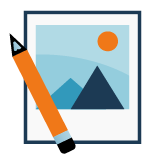 En tecknad bild på en orange penna som ligger över ett foto med blå berg och en orange sol.